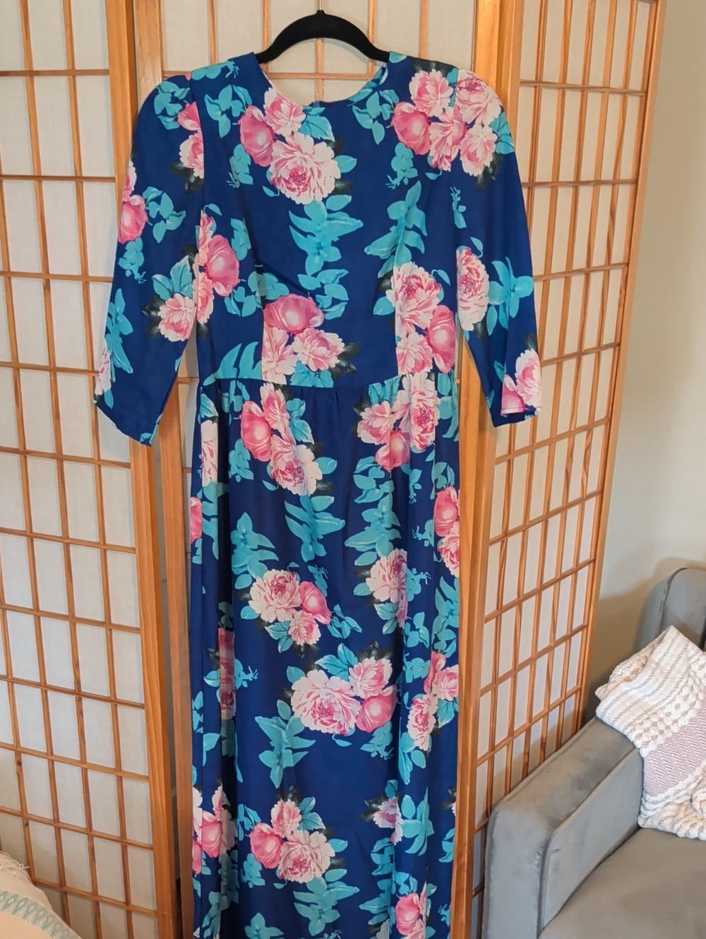 Blue Floral Maxi Dress with Pink Bloom Print